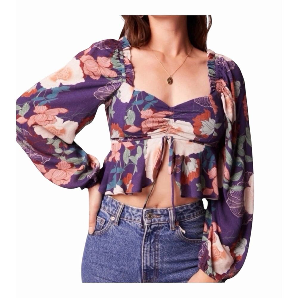 Band of the Free NWT Floriane Purple Floral Balloon Sleeve Crop Top Women Large